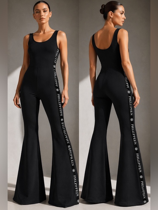 Philipp Plein Pants - Philipp Plein Black Logo Flare Stretch Jumpsuit $1290. Luxury Designer  Size XS